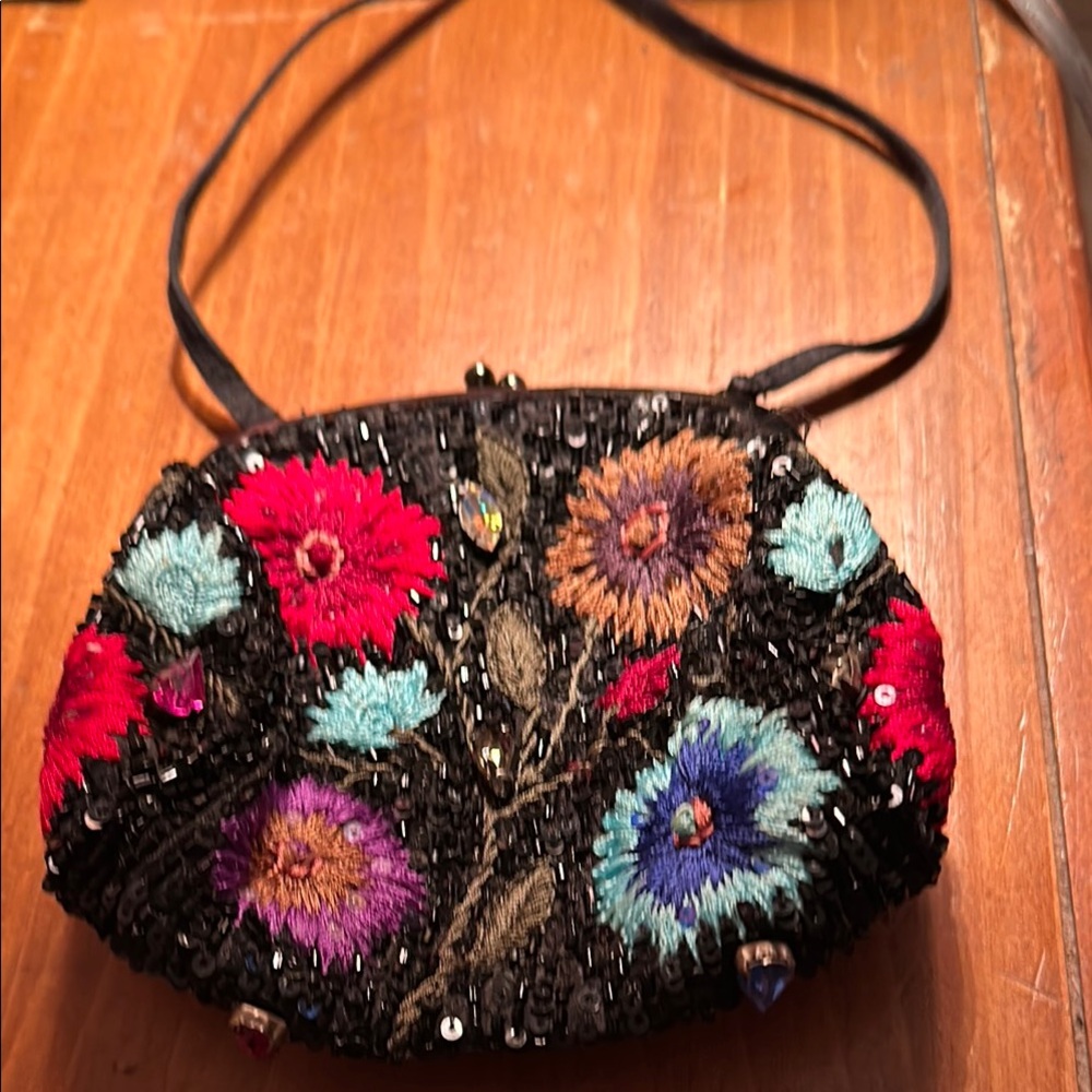 Embroidered Floral Black Evening Bag